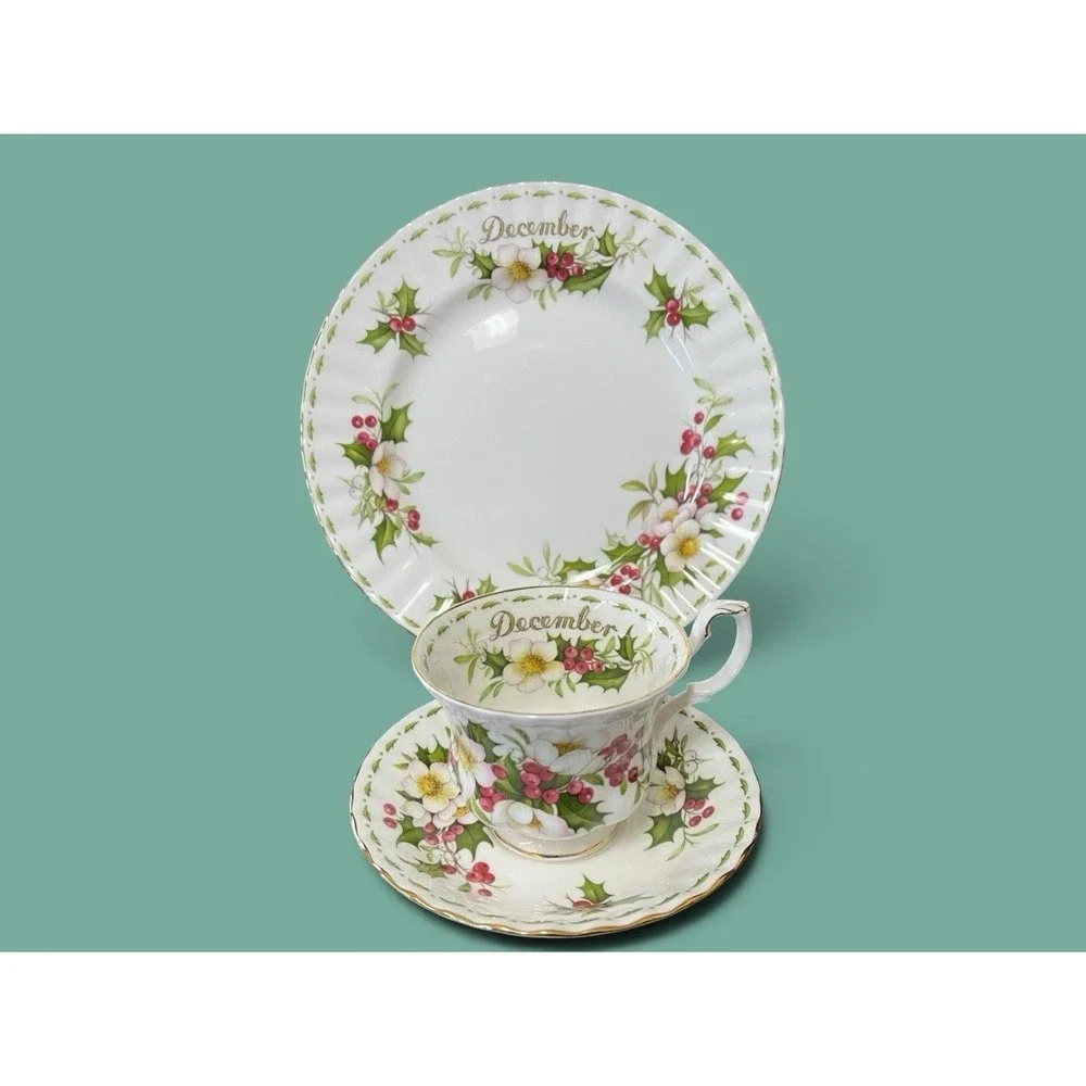 Royal Albert Birthday Breakfast Teacup Saucer Plate December Christmas England